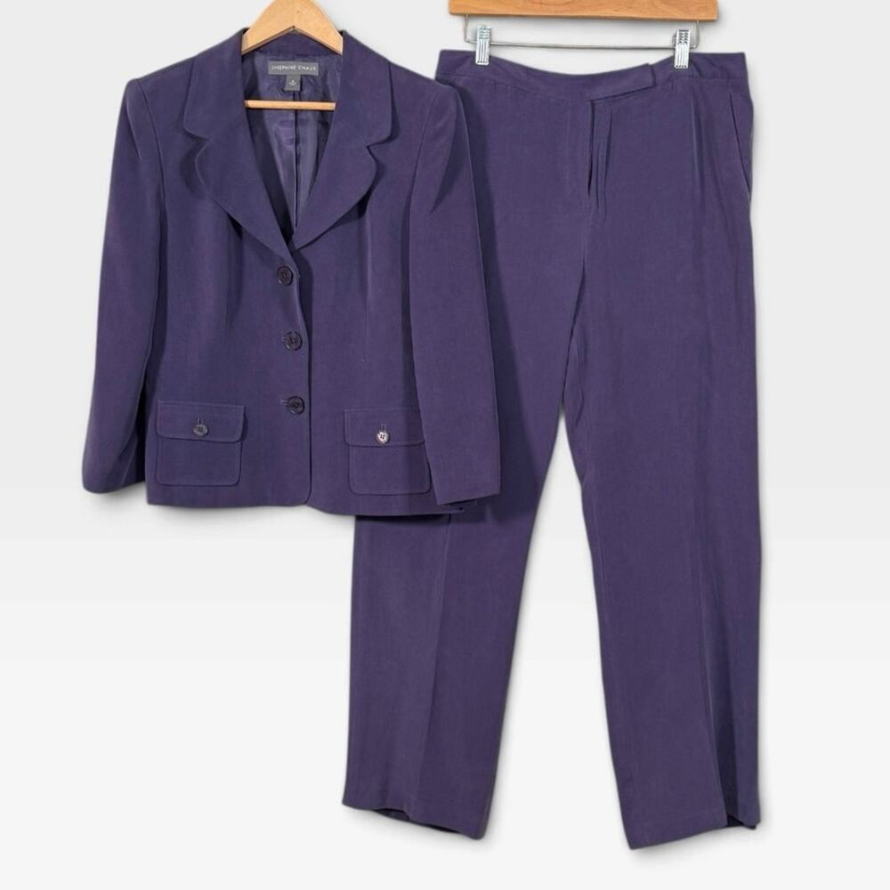 Josephine Chaus Purple 100% Silk Pant Suit Blazer Pants Set Size 10/12 NWT